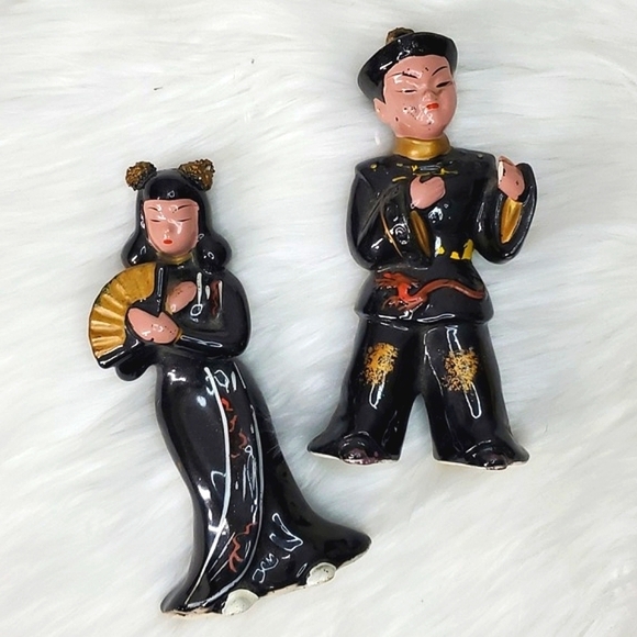 Vintage Other - Vintage Japanese Geisha Samurai Ceramic Pair Figurine Decor Statues 6"